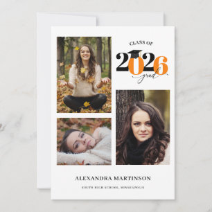 Graduate 3 Photo Collage Orange Class of 2022  Invitation