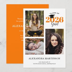 Graduate 3 Photo Collage Orange Graduation Invitation