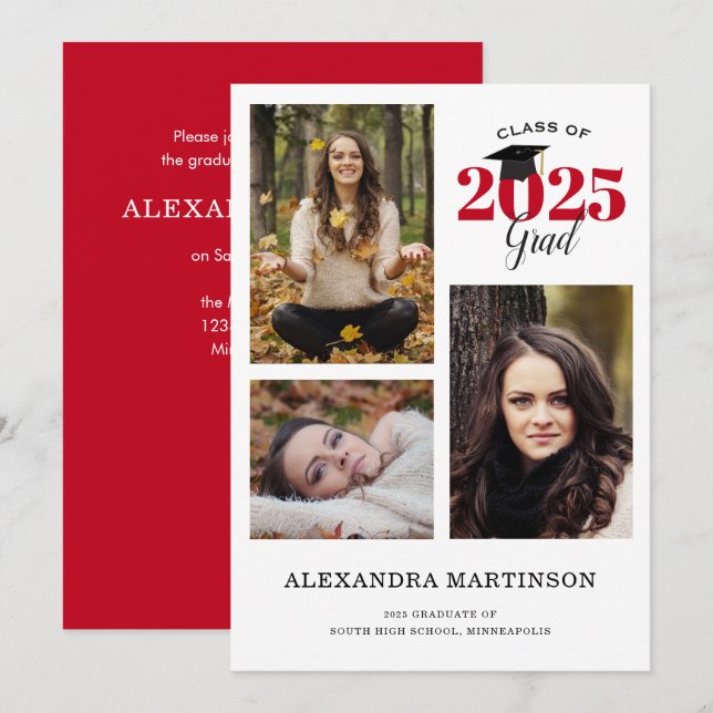 Graduate 3 Photo Collage Red Graduation Invitation (Front/Back)