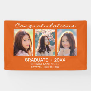 Graduate 3 Photo Collage White Script Orange 2023 Banner