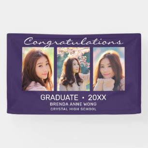 Graduate 3 Photo Collage White Script Purple 2021  Banner