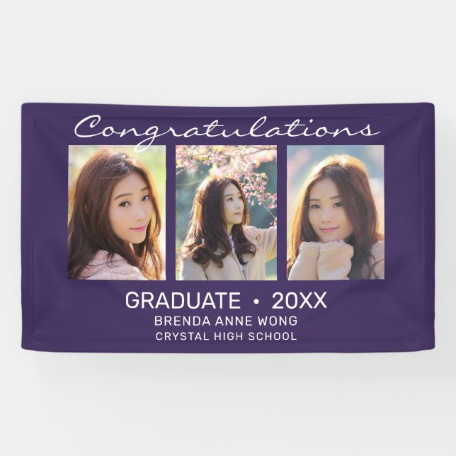 Graduate 3 Photo Collage White Script Purple 2021  Banner (Horizontal)