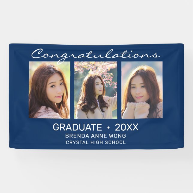 Graduate 3 Photo Collage White Script Royal Blue Banner (Horizontal)