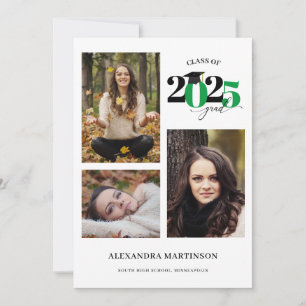 Graduate 3 Photos Collage Green Class of 2025 Invitation