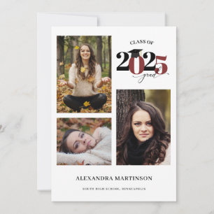 Graduate 3 Photos Collage Maroon Class of 2023 Invitation
