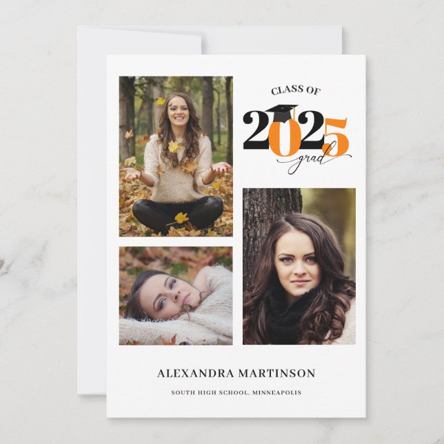 Graduate 3 Photos Collage Orange Class of 2025 Invitation (Front)