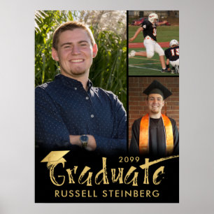 Graduate 3 Photos Gold Brush Typography Poster