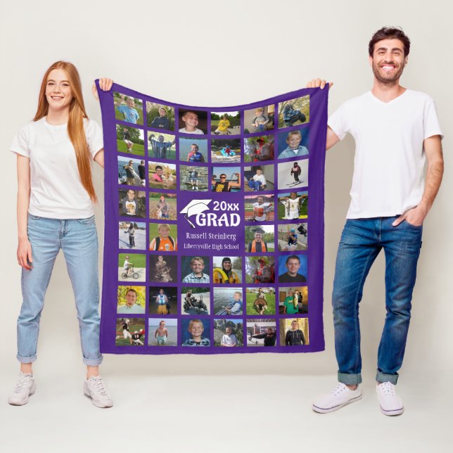 Graduate 44 Photo Collage Memory Keepsake Purple Fleece Blanket (In Situ)