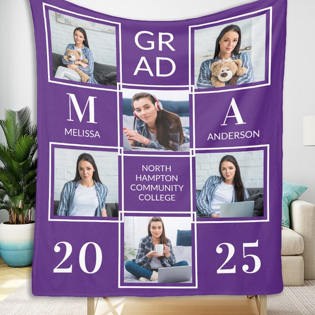 Graduate 6 Photo Collage Purple Graduation  Fleece Blanket (Creator Uploaded)
