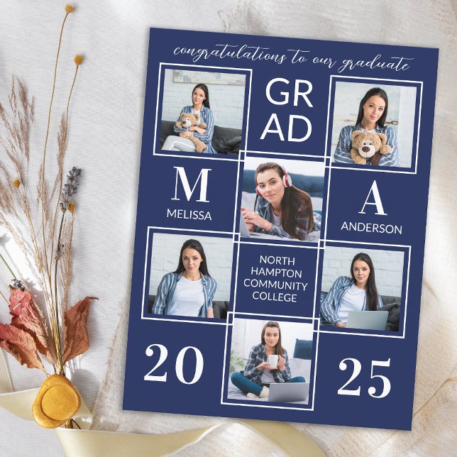 Graduate 6 Photo Personalised Navy Blue Graduation Invitation Postcard (Creator Uploaded)