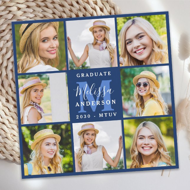 Graduate 8 Photo Collage Navy Blue Graduation Invitation (Creator Uploaded)