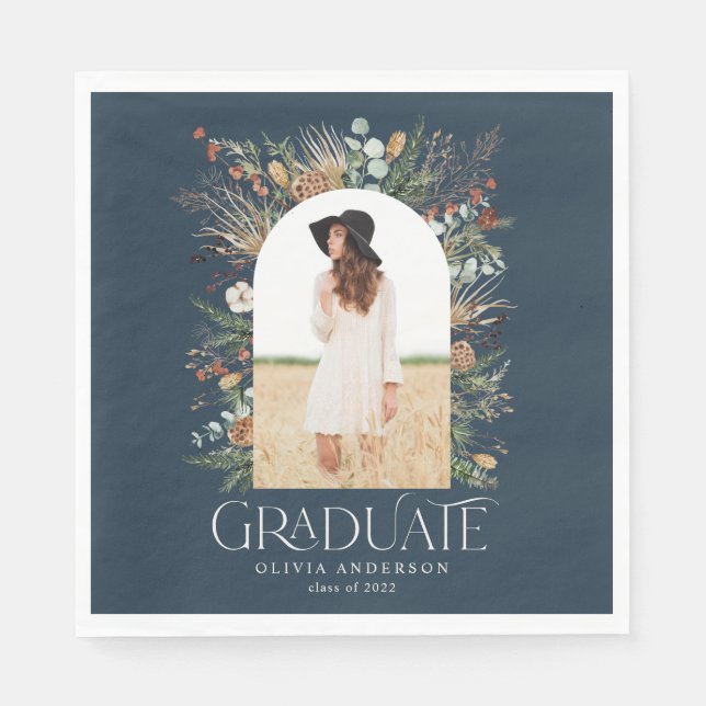 Graduate arch 1 photo blue botanical party  napkin (Front)