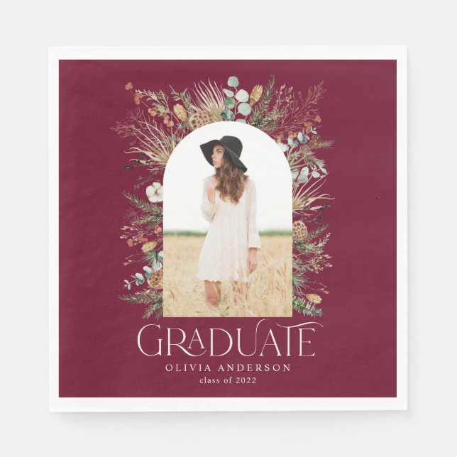 Graduate arch 1 photo burgundy botanical party  napkin (Front)