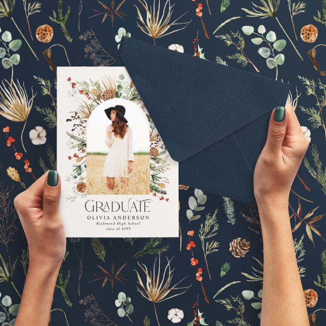 Graduate arch 1 photo navy blue botanical modern announcement (Creator Uploaded)