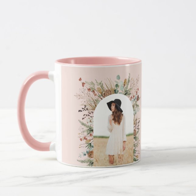 Graduate arch 1 photo pink botanical modern mug (Left)