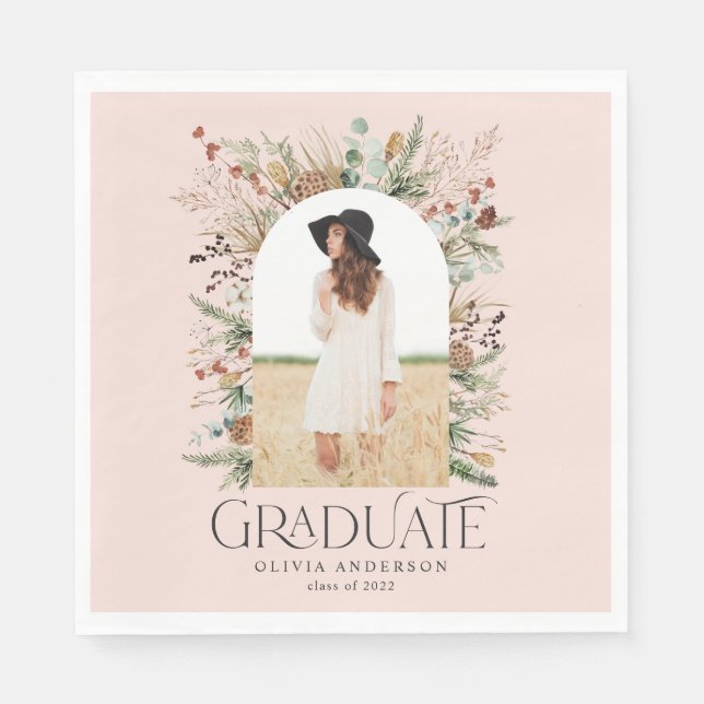 Graduate arch 1 photo pink botanical party napkin (Front)