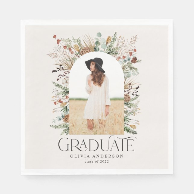 Graduate arch 1 photo terracotta botanical party napkin (Front)