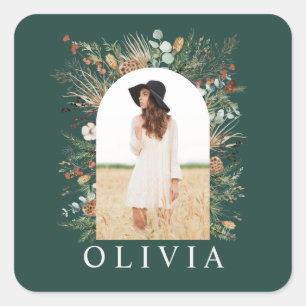 Graduate arch photo botanical green square sticker