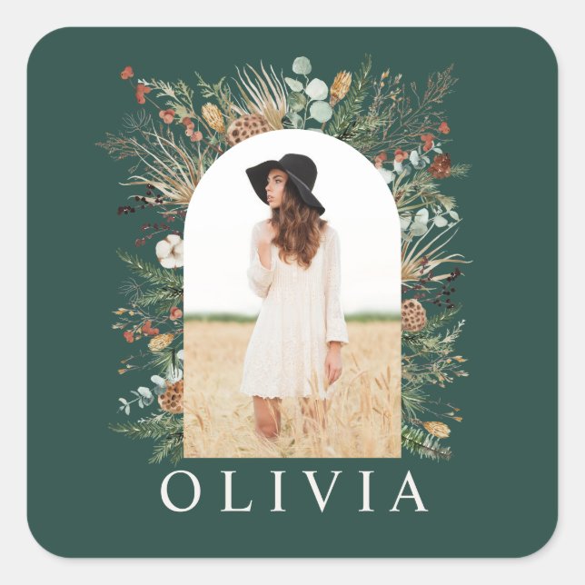 Graduate arch photo botanical green square sticker (Front)