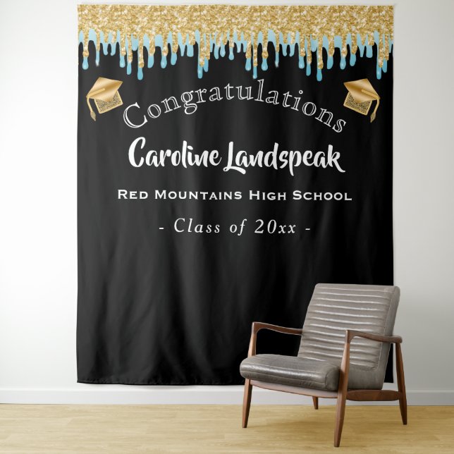 Graduate Backdrop Blue Gold Glitter Dripping Tapestry (In Situ)