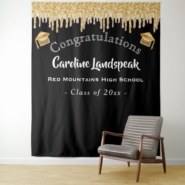 Graduate Backdrop Latte Gold Glitter Dripping Tapestry (In Situ)