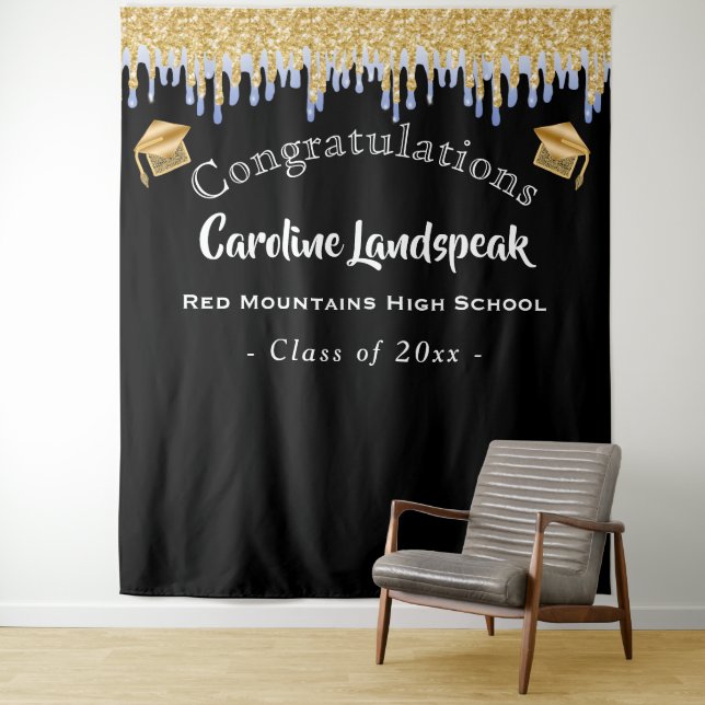 Graduate Backdrop Medium Blue Gold Glitter Drippin Tapestry (In Situ)