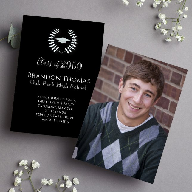Graduate Black and White Elegant Stylish Photo Invitation (Graduation announcement invitation with full bleed photo.)