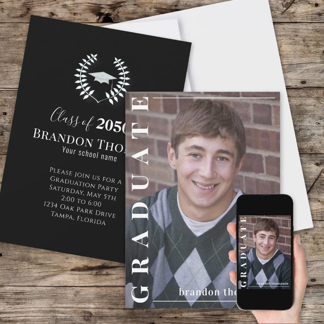 Graduate Black and White Elegant Stylish Photo Invitation (Graduation announcement invitation with full bleed photo.)