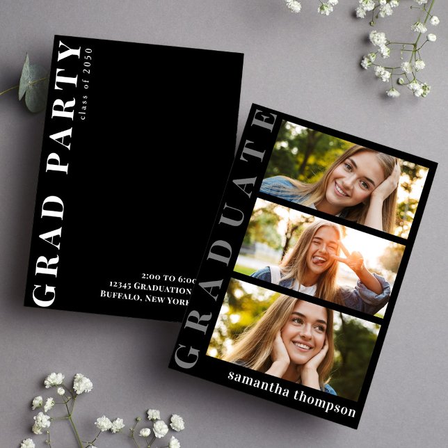 Graduate Black and White Modern Minimalist Photo  Announcement (Graduation black and white modern announcement with three photo templates. )