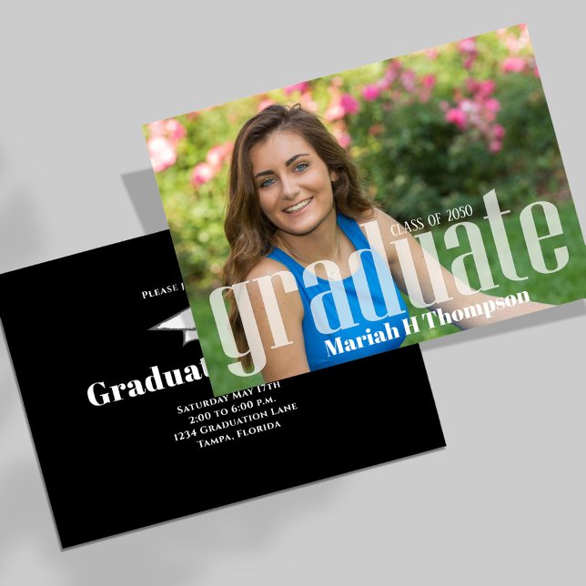 Graduate Black and White Modern Minimalist Photo Announcement (Graduation modern black and white photo typography invitation template. )