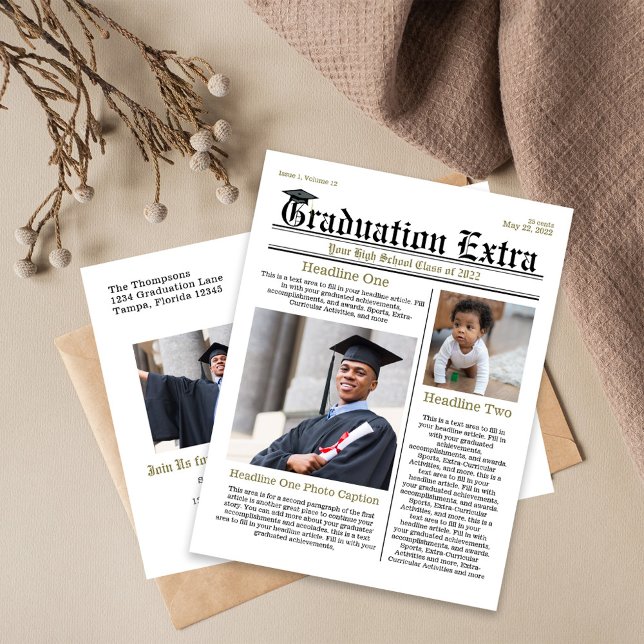 Graduate Black and White Modern Newspaper  Postcard (Graduation announcement postcard invitation with a whimsical Newspaper theme.)