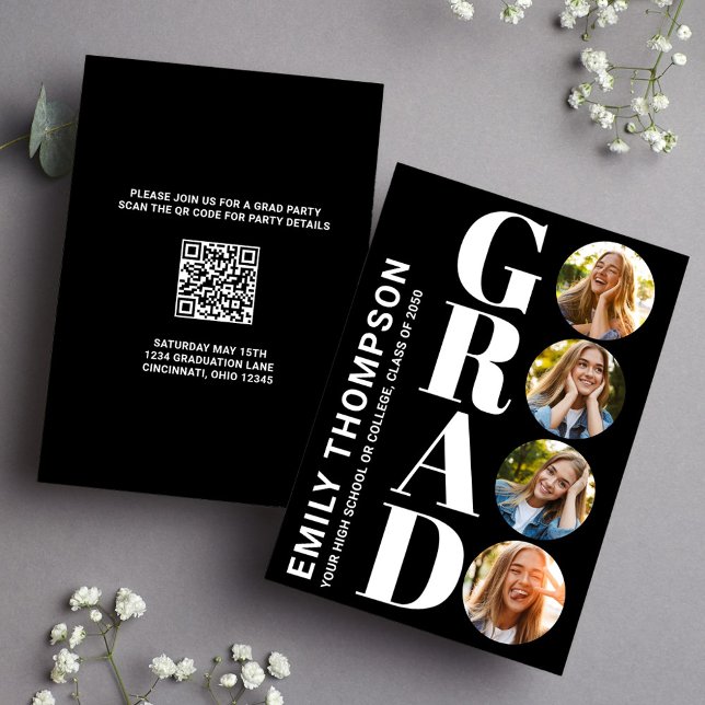 Graduate Black and White Photo Collage Modern  Invitation (Graduate "GRAD" typography photo collage invitation announcement. )