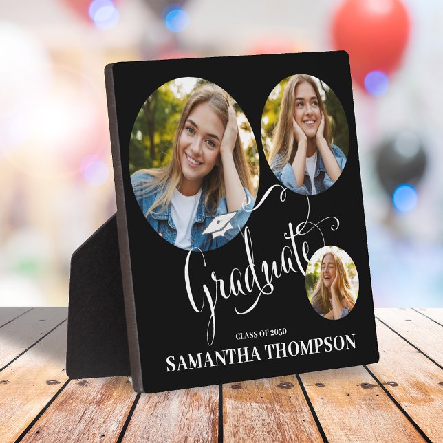 Graduate Black and White Photo Party Decor Plaque (Graduation tabletop sign with a three photo template and stylish calligraphy script. )