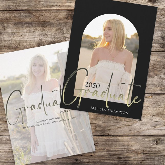 Graduate Black and White Stylish Photo Arch  Invitation (Graduation photo invitation announcement with gold calligraphy script. )
