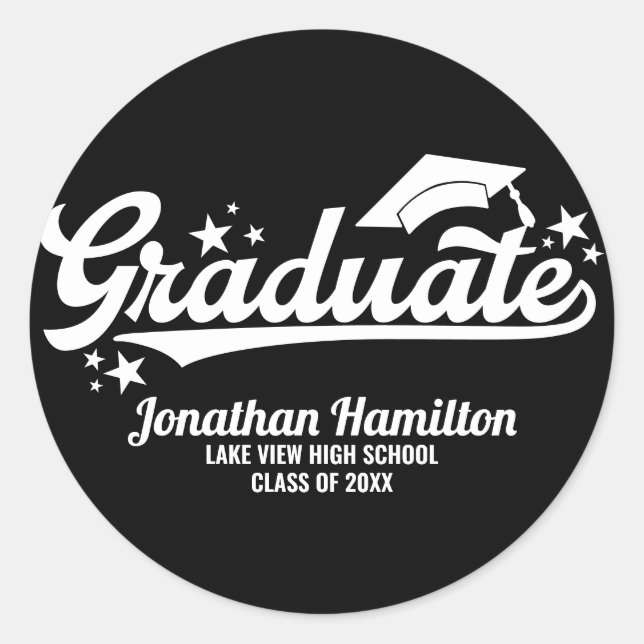 Graduate Black And White Typography Grad Party Classic Round Sticker (Front)