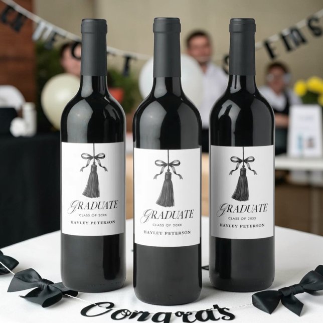 Graduate Black Bow Tassel Graduation Favors Wine Label (Creator Uploaded)