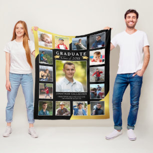 Graduate Black Gold 15 Photo Collage  Fleece Blanket