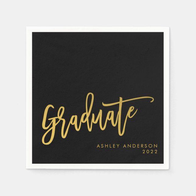 Graduate Black Gold Calligraphy Script Party Napkin (Front)