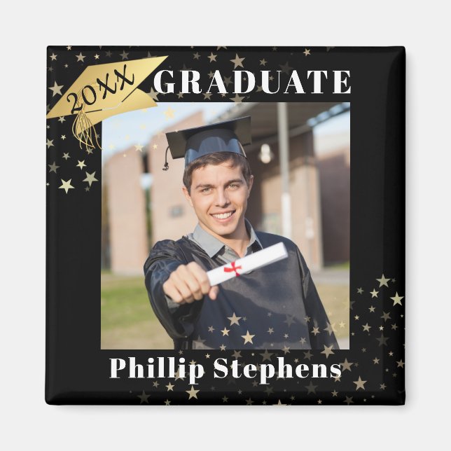 Graduate Black Gold Cap Photo Stars Your Color Magnet (Front)