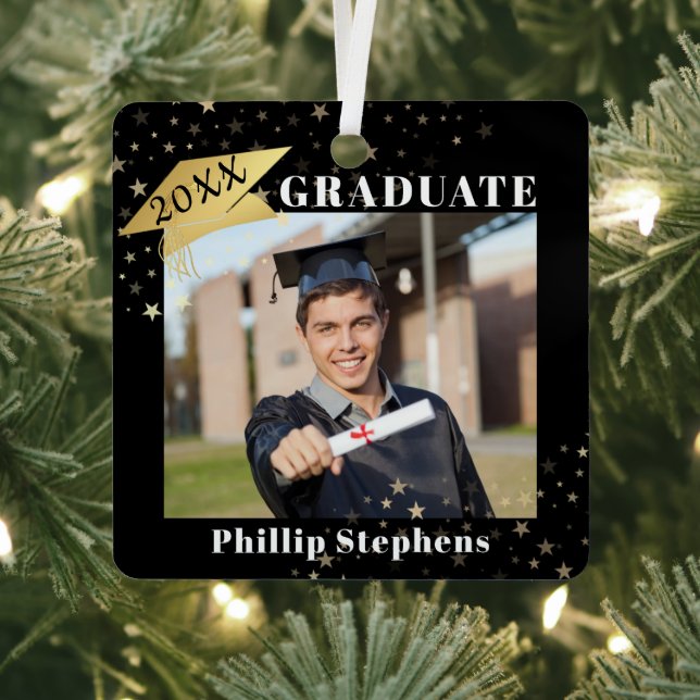 Graduate Black Gold Cap Photo Stars Your Colour Metal Tree Decoration (Insitu)