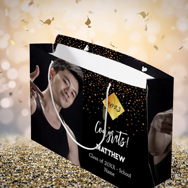 Graduate black gold confetti photo large gift bag (Creator Uploaded)