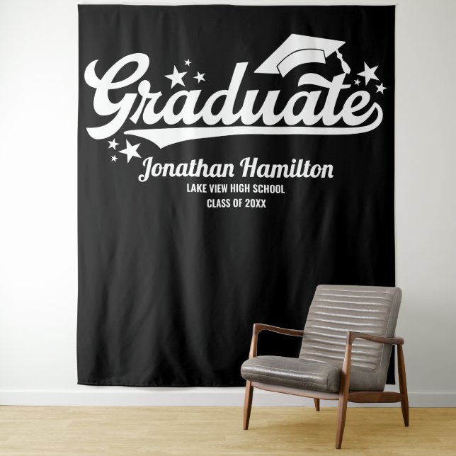 Graduate Black Graduation Party Backdrop Tapestry (In Situ)
