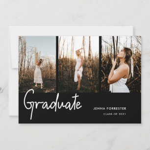 Graduate Black Three Photos Graduation Party Invitation