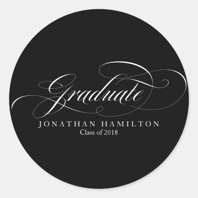 Graduate Black & White Fancy Script Graduation Classic Round Sticker (Front)