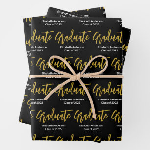 Graduate Black White Gold Grad Name Class of 2024  Wrapping Paper Sheet