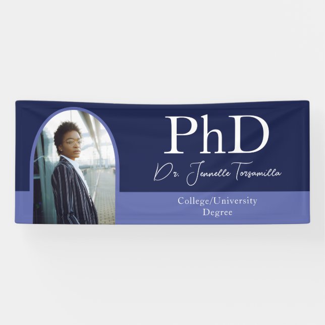 Graduate Blue Arch Script Photo PhD Graduation Banner (Horizontal)