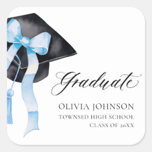 Graduate Blue Bow Coquette Graduation Cap Square Sticker