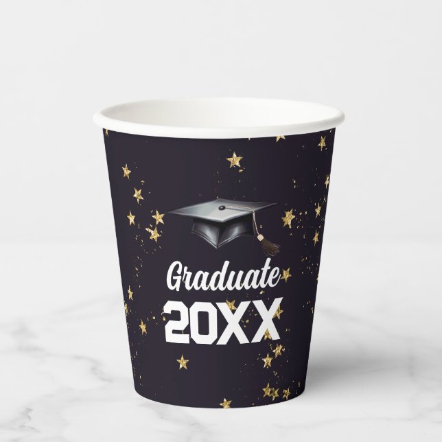 Graduate Blue Gold Glitter Confetti Graduation Cap Paper Cups (Front)