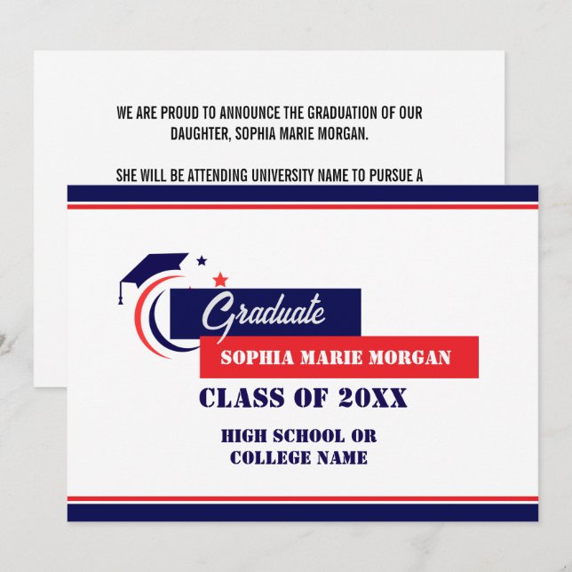 Graduate Blue Red White Graduate Announcement (Front/Back)
