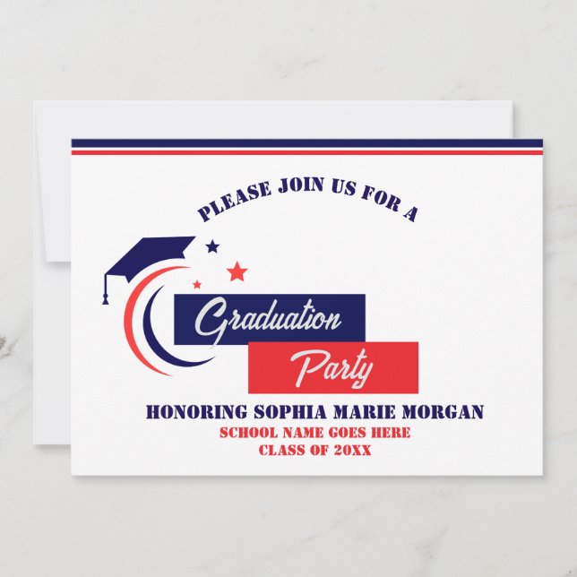 Graduate Blue Red White Graduation Invitation (Front)